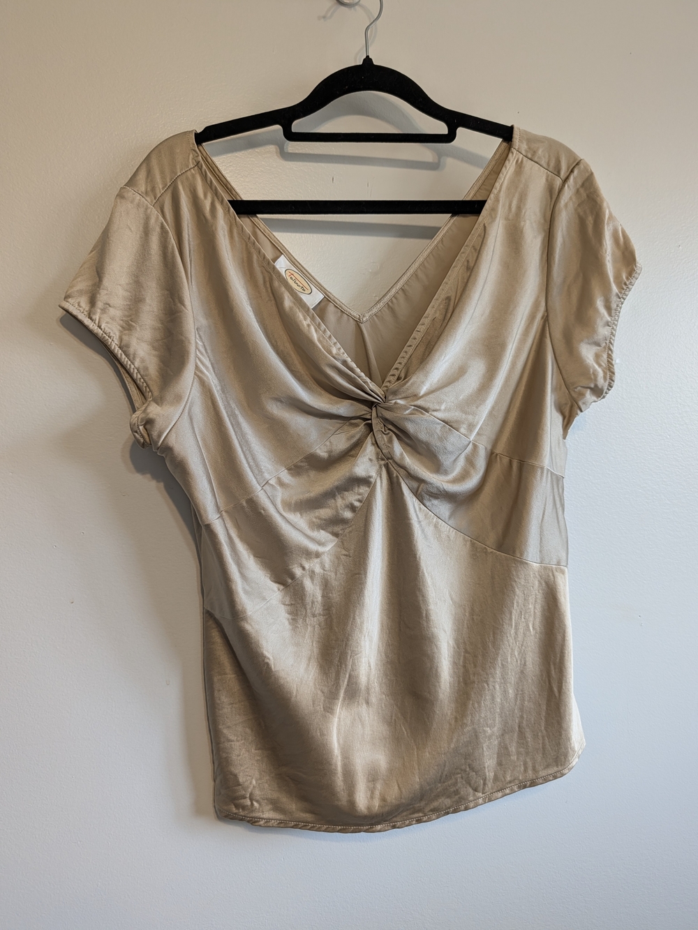Talbots 100% Silk Twist-Front Short Sleeve V-Neck Top - Champagne Beige M